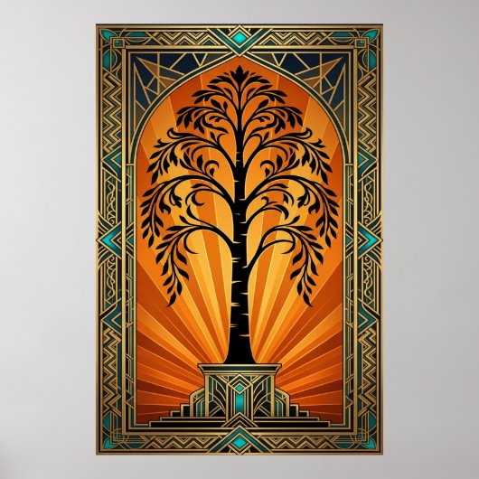 Elegant Art Deco Willow Tree Sunset Gold ポスター (正面)