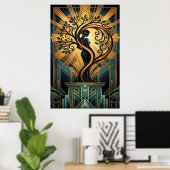 Elegant Art Deco Woman Tree Silhouette Black Gold ポスター (ホームオフィス)