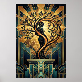Elegant Art Deco Woman Tree Silhouette Black Gold  ポスター