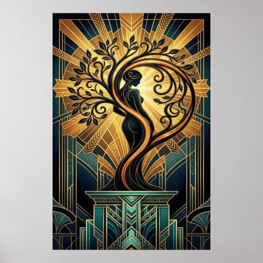 Elegant Art Deco Woman Tree Silhouette Black Gold ポスター (正面)