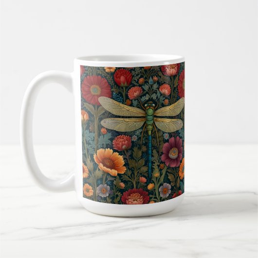 Elegant art nouveau Autumn floral Dragonfly コーヒーマグカップ (左)