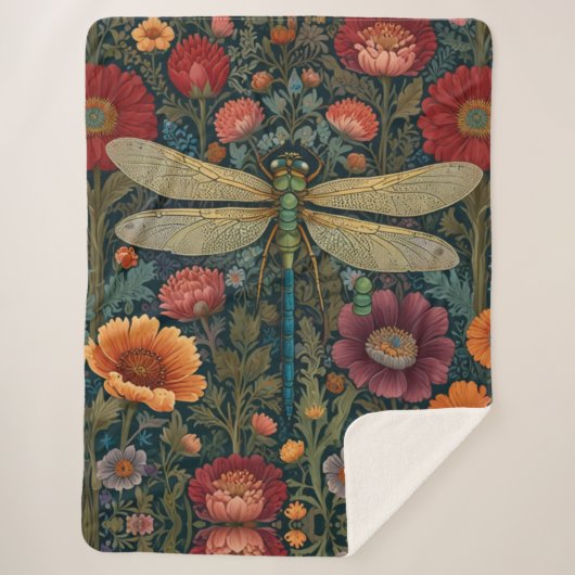 Elegant art nouveau Autumn floral Dragonfly シェルパブランケット (正面)