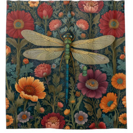 Elegant art nouveau Autumn floral Dragonfly シャワーカーテン