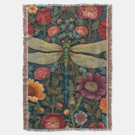 Elegant art nouveau Autumn floral Dragonfly スローブランケット (正面縦)