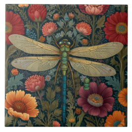 Elegant art nouveau Autumn floral Dragonfly タイル