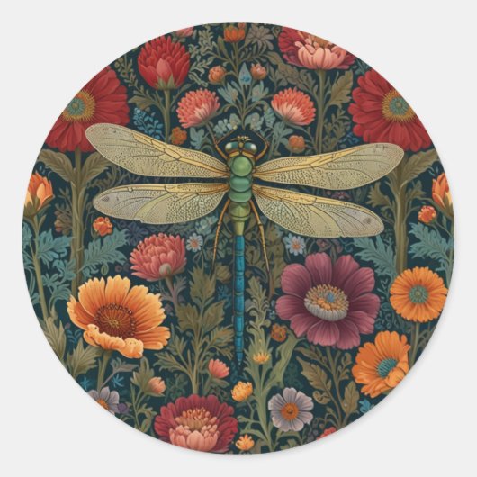 Elegant art nouveau Autumn floral Dragonfly ラウンドシール (正面)