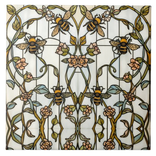 Elegant art nouveau botanical  bee stain glass タイル (正面)
