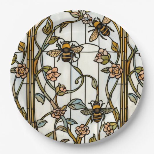 Elegant art nouveau botanical  bee stain glass ペーパープレート (正面)
