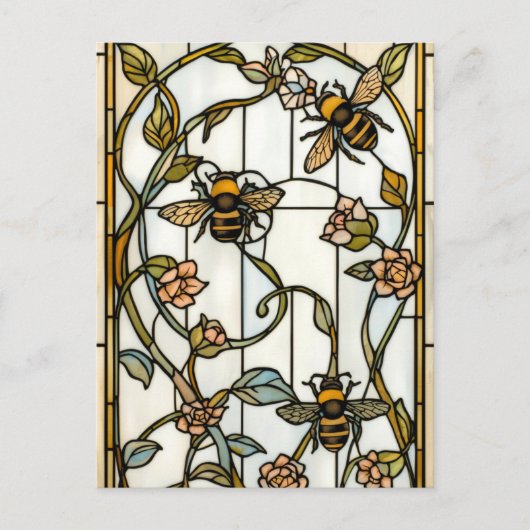 Elegant art nouveau botanical  bee stain glass ポストカード (正面)