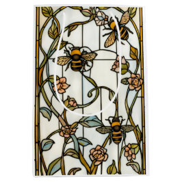 Elegant art nouveau botanical  bee stain glass ミディアムペーパーバッグ