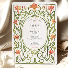 Elegant Art Nouveau Coral Lily Wedding Invite 招待状
