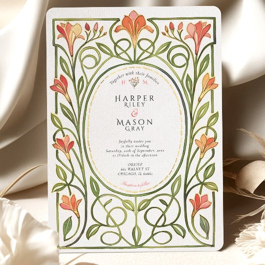 Elegant Art Nouveau Coral Lily Wedding Invite 招待状