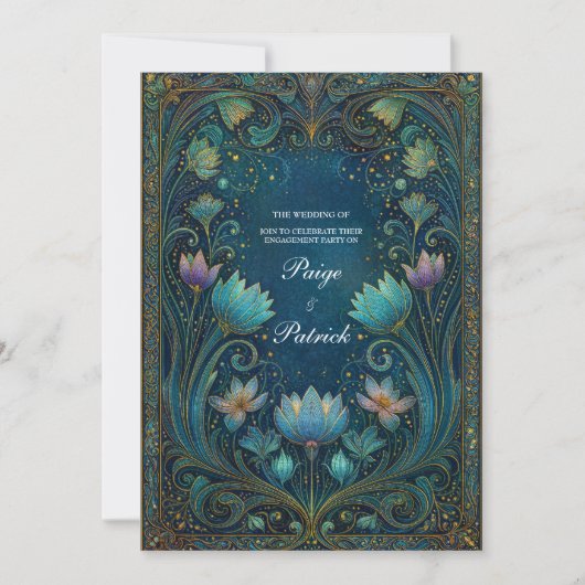 Elegant Art Nouveau Cyan Lotus Floral Wedding 招待状 (正面)