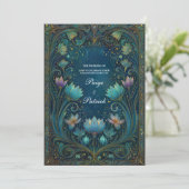 Elegant Art Nouveau Cyan Lotus Floral Wedding 招待状 (スタンド正面)