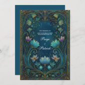 Elegant Art Nouveau Cyan Lotus Floral Wedding 招待状 (正面/裏面)