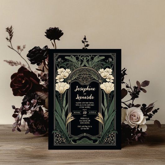 Elegant Art Nouveau Dark Floral Wedding Invitation 招待状