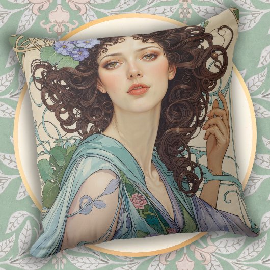 Elegant Art Nouveau Dark Haired Woman クッション