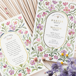 Elegant Art Nouveau Floral Watercolor Gold Wedding 箔招待状