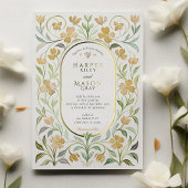 Elegant Art Nouveau Floral Watercolor Gold Wedding 箔招待状