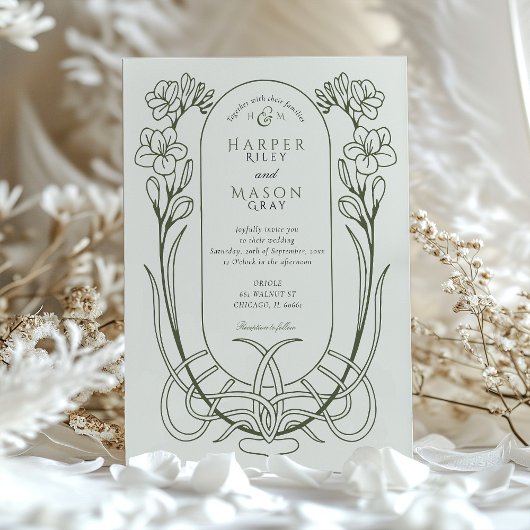 Elegant Art Nouveau Freesia Line Art Wedding 招待状