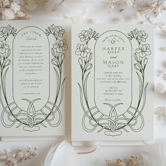 Elegant Art Nouveau Freesia Line Art Wedding 招待状