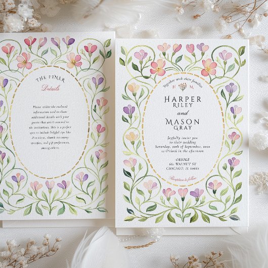 Elegant Art Nouveau Freesias Wedding 招待状