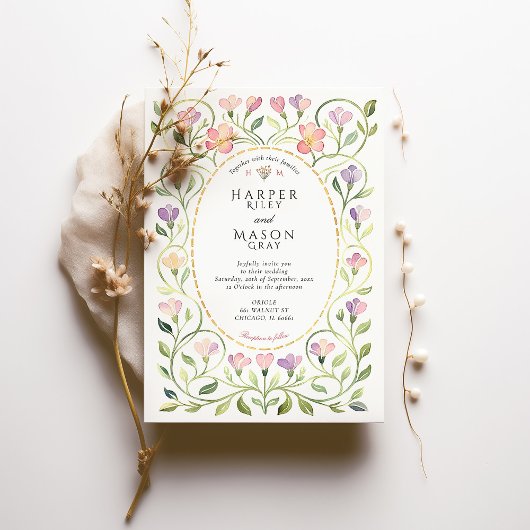 Elegant Art Nouveau Freesias Wedding 招待状