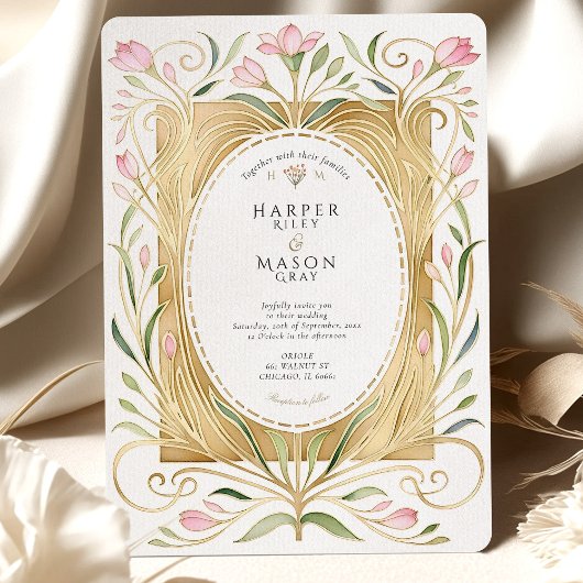 Elegant Art Nouveau Freesias Wedding Invite 招待状