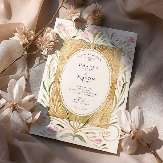 Elegant Art Nouveau Freesias Wedding Invite 招待状