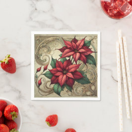 Elegant Art Nouveau Holiday Poinsettia Découpage スタンダードカクテルナプキン