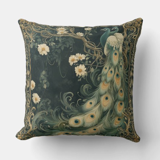 Elegant Art Nouveau Peacock クッション (正面)