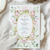 Elegant Art Nouveau Pink Floral Gold Frame Wedding 招待状