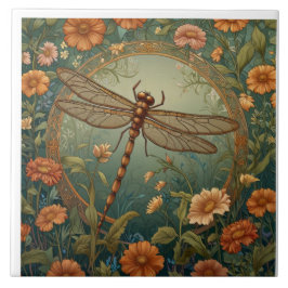 Elegant Art Nouveau Spring green Dragonfly タイル