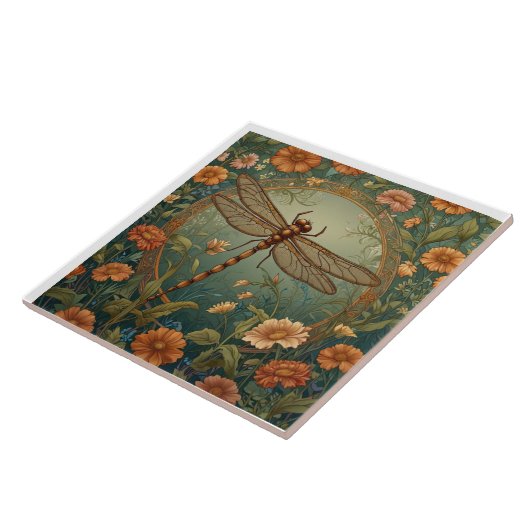 Elegant Art Nouveau Spring green Dragonfly タイル (側面)