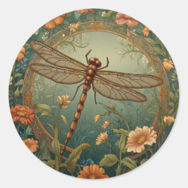Elegant Art Nouveau Spring green Dragonfly ラウンドシール