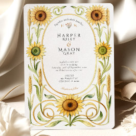 Elegant Art Nouveau Sunflower & Wheat Gold Wedding 招待状