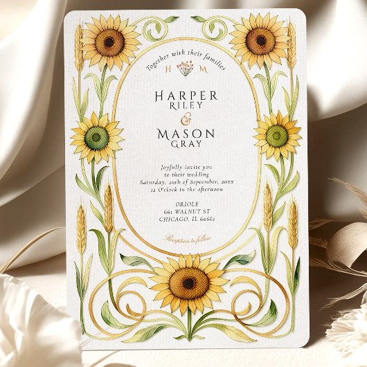 Elegant Art Nouveau Sunflower & Wheat Gold Wedding 招待状