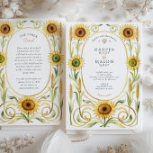 Elegant Art Nouveau Sunflower & Wheat Gold Wedding 招待状