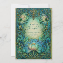 Elegant Art Nouveau Teal Floral Antique Wedding 招待状
