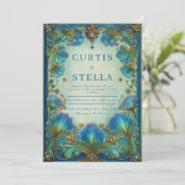 Elegant Art Nouveau Teal Floral Antique Wedding 招待状 (スタンド正面)