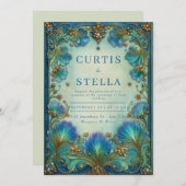 Elegant Art Nouveau Teal Floral Antique Wedding 招待状 (正面/裏面)