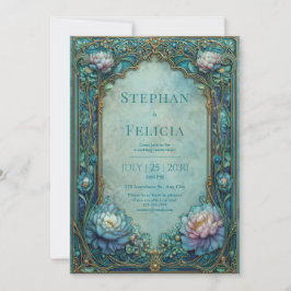 Elegant Art Nouveau Teal Floral Arched Wedding 招待状