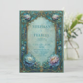 Elegant Art Nouveau Teal Floral Arched Wedding 招待状 (スタンド正面)