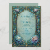 Elegant Art Nouveau Teal Floral Arched Wedding 招待状 (正面/裏面)