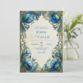 Elegant Art Nouveau Teal Floral Gilded Wedding 招待状 (スタンド正面)