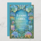 Elegant Art Nouveau Teal Mosaic Floral Wedding 招待状 (正面/裏面)