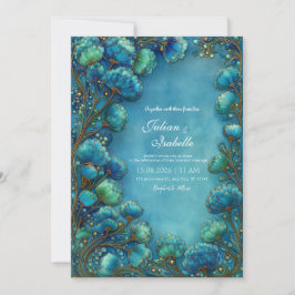 Elegant Art Nouveau Teal Scalloped Floral Wedding 招待状