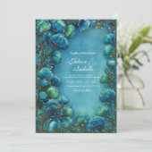 Elegant Art Nouveau Teal Scalloped Floral Wedding 招待状 (スタンド正面)