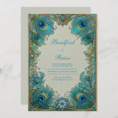 Elegant Art Nouveau Turquoise Plume Gilded Wedding 招待状 (正面/裏面)