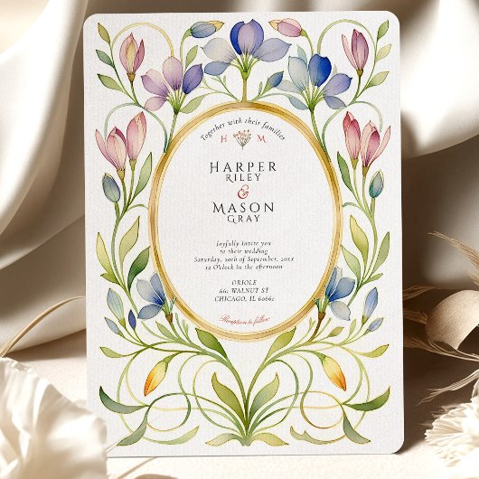 Elegant Art Nouveau Wildflower Gold Frame Wedding 招待状